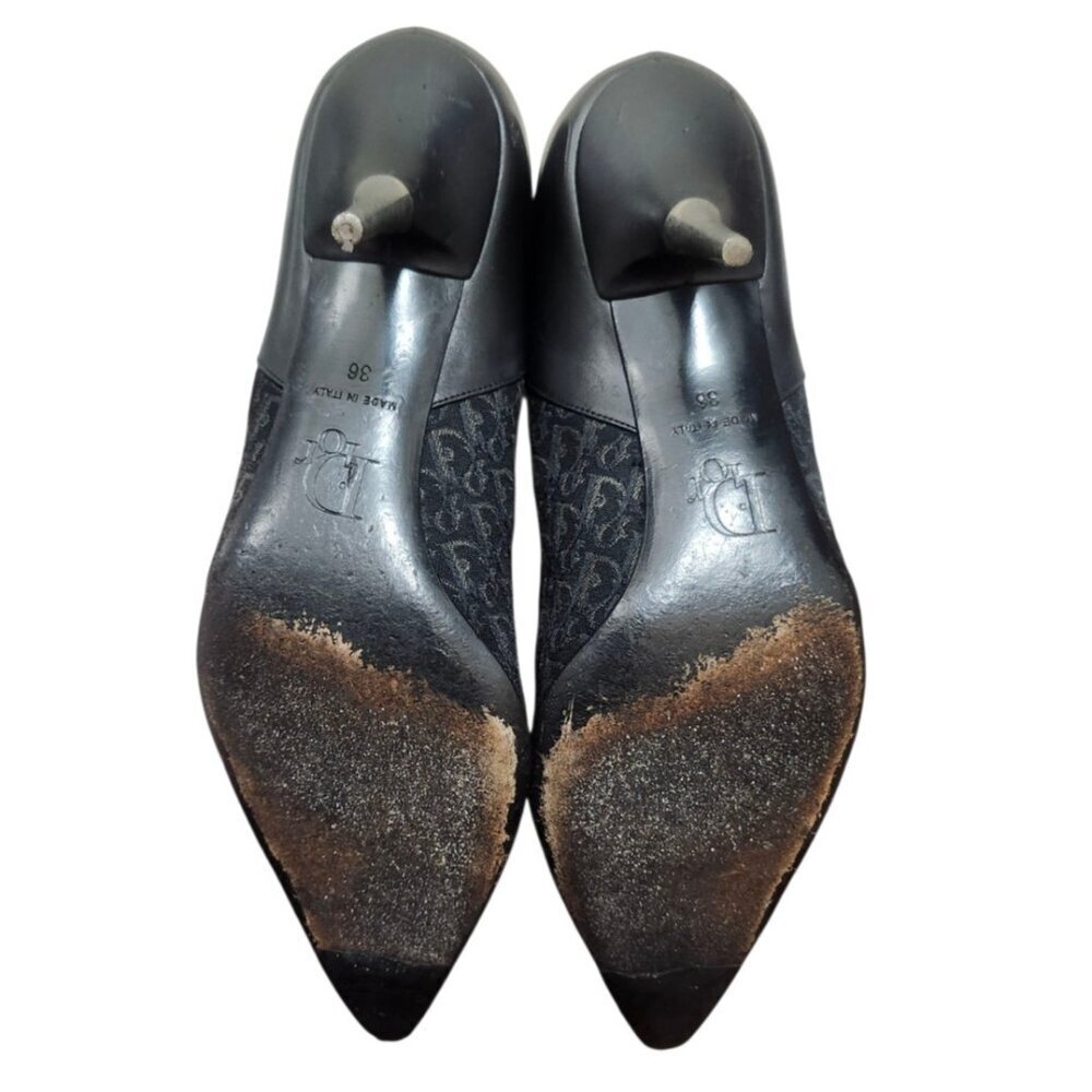 Christian Dior Monogram Heels 36 Black Logo Canvas Leather Pointed Toe Pumps - Picture 13 of 13